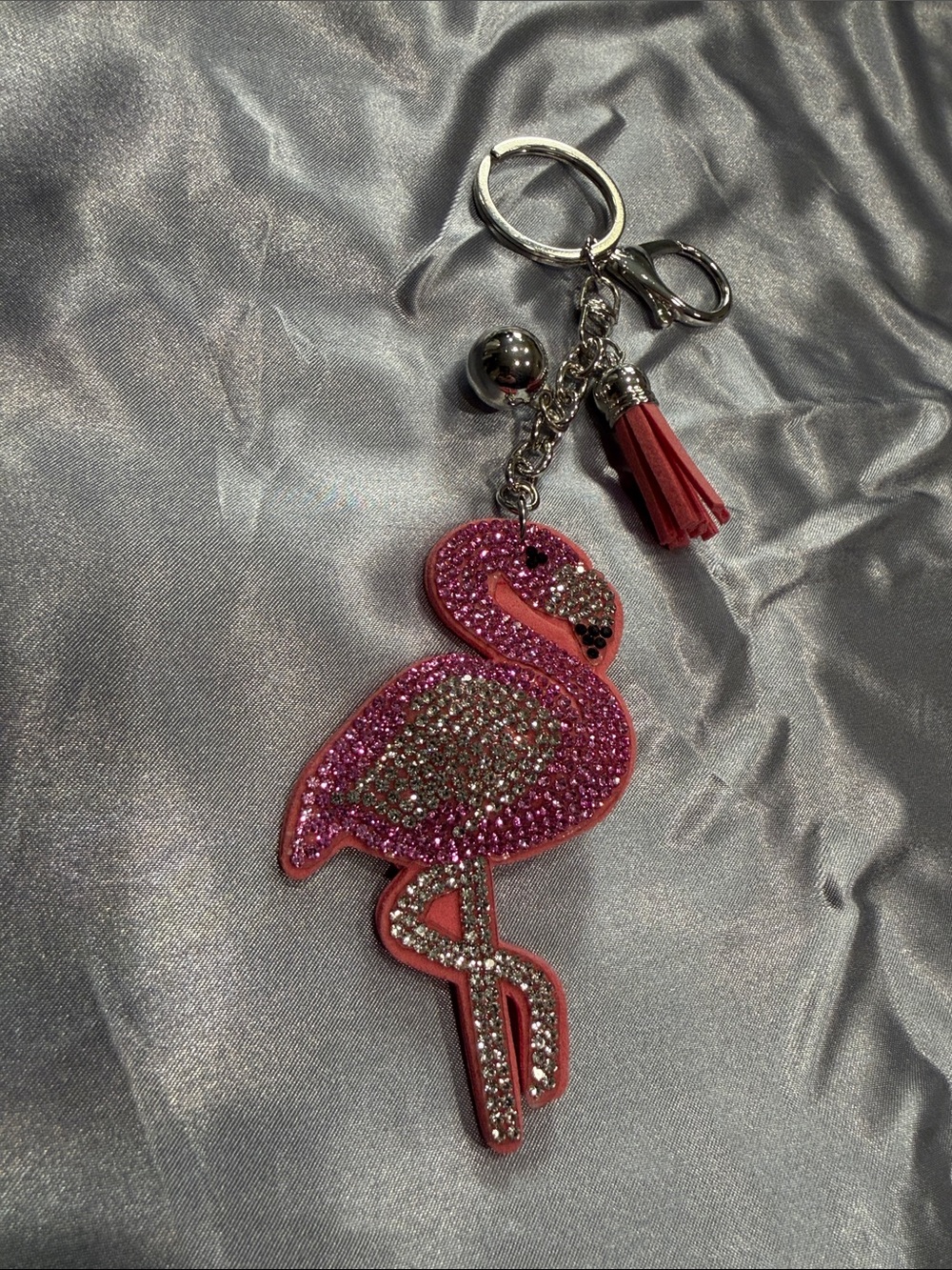 Pink Flamingo Crystal Tassel Keychain